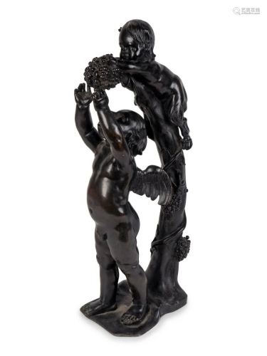 A Continental Patinated Bronze Group of Cupid and an