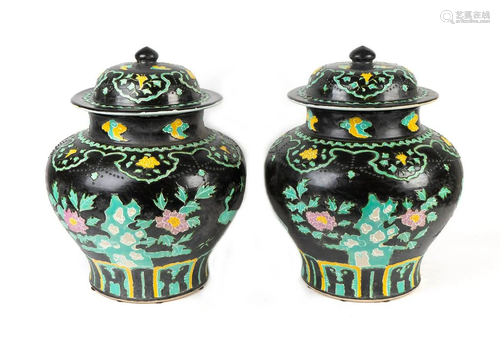 A Pair of Large Chinese Fahua Pottery Covered Jars