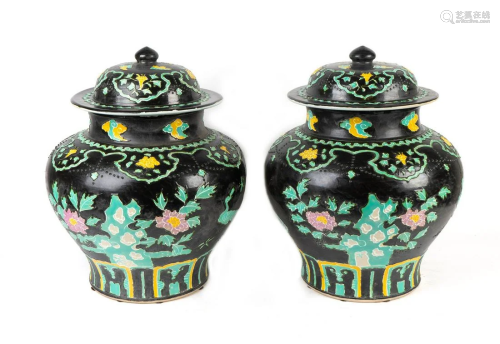 A Pair of Large Chinese Fahua Pottery Covered Jars