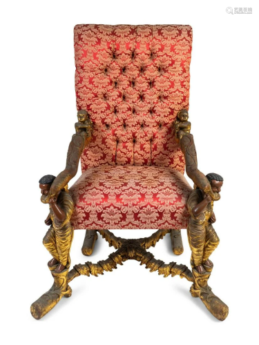 An Italian Baroque Style Carved Walnut Figural Armchair