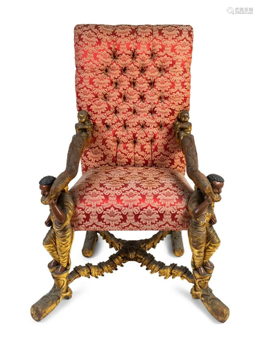 An Italian Baroque Style Carved Walnut Figural Armchair