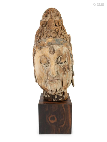 A Chinese Weathered Wood Head of Guanyin