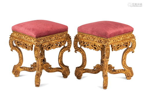 A Pair of Italian Baroque Style Giltwood Stools