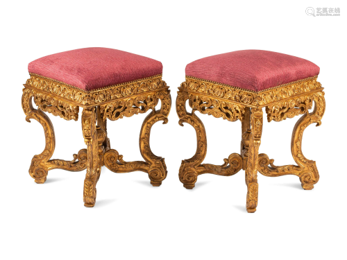 A Pair of Italian Baroque Style Giltwood Stools