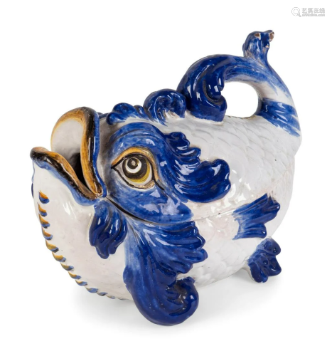 An Italian Maiolica Fish-Form Tureen and Cover