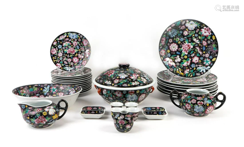 A Chinese Famille Noire Porcelain Part Dinner Service