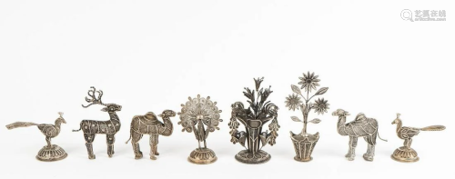 Eight Indian Silvered Filigree Metal Articles