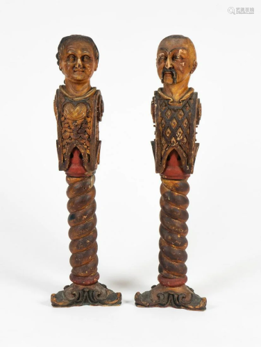 A Pair of Italian Polychromed Figural Pilasters