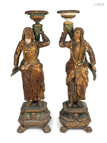 A Pair of Italian Baroque Parcel-Gilt and Polychromed