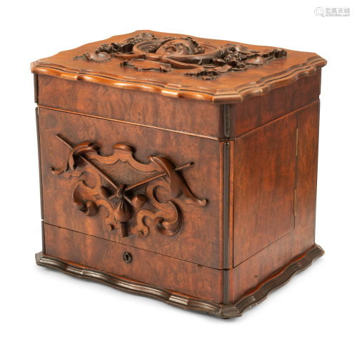 A Swiss Carved Burl Walnut Humidor and Liquor Box