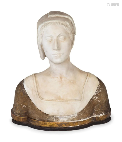 An Italian Carved Marble and Incised Wood Bust of a