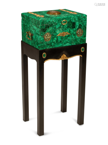 A Continental Jeweled Malachite Table Casket on Stand