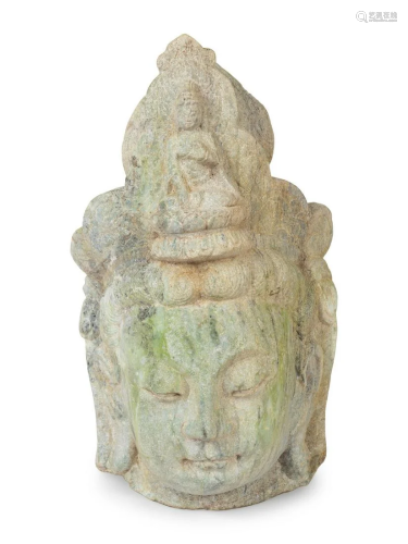 A Chinese Carved and Weathered Marble Head of Guanyin