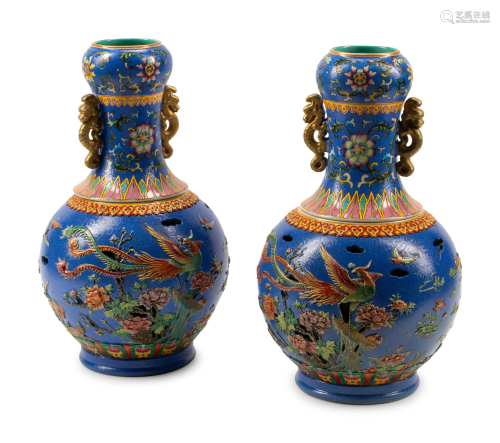 A Pair of Chinese Pierce Carved and Enameled Porcelain