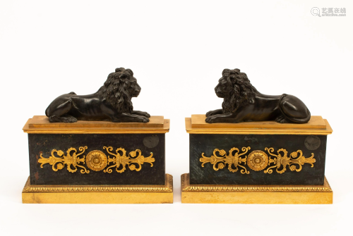 A Pair of French Bronze Lion Chenets
