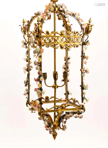 A Louis XV Style Gilt Bronze and Porcelain Hall Lantern