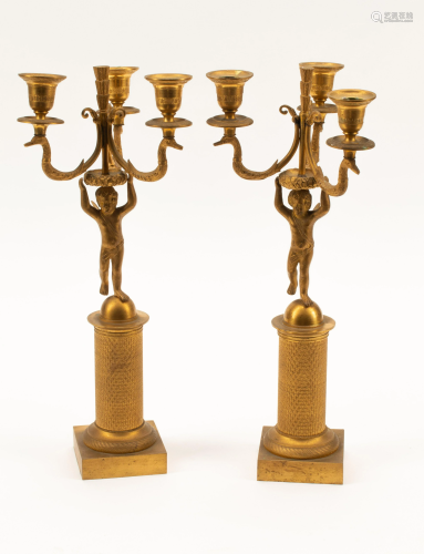 A Pair of Charles X Gilt Bronze Three-Light Candelabra