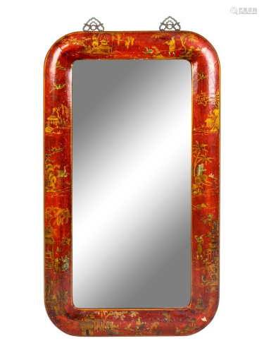A Chinese Gilt-Decorated Red Lacquer Mirror