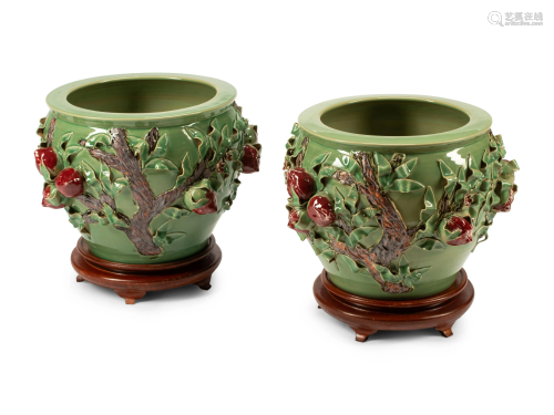 A Pair of Chinese Export Celadon and Copper Red Glazed