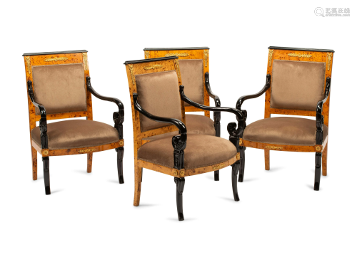A Set of Four Directoire Style Part Ebonized Armchairs