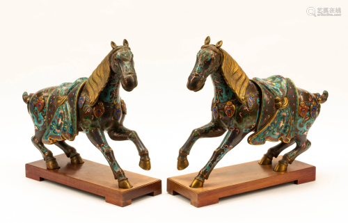 A Pair of Chinese Cloisonné Horses with Wood