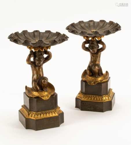 A Pair of French Gilt and Patinated Bronze Tazze