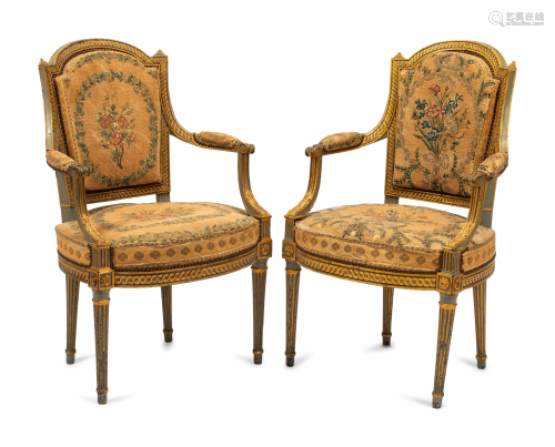 A Pair of French Neoclassical Painted and Parcel Gilt
