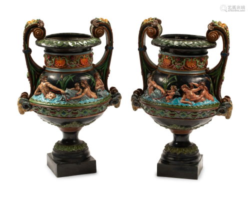 A Pair of Neoclassical Style Polychrome Bronze Urns