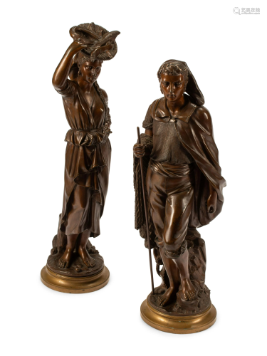 A Pair of French Bronze Figures with Gilt Bronze Bases