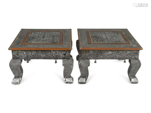 A Pair of Indian Silvered Metal-Sheathed Footstools