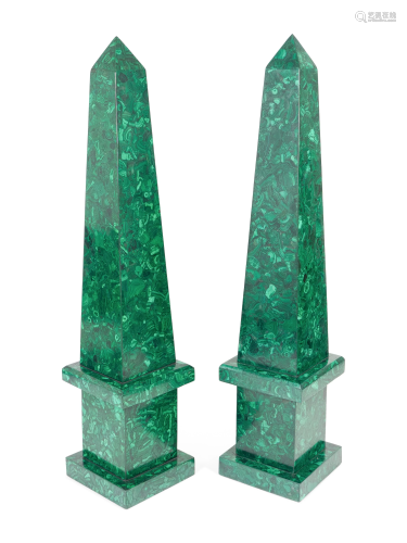 A Pair of Monumental Malachite Veneered Obelisks