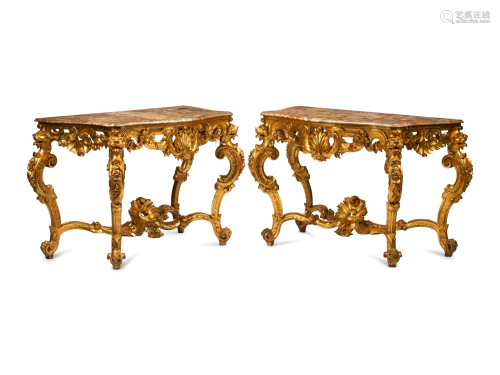 A Pair of Louis XV Style Giltwood Console Tables