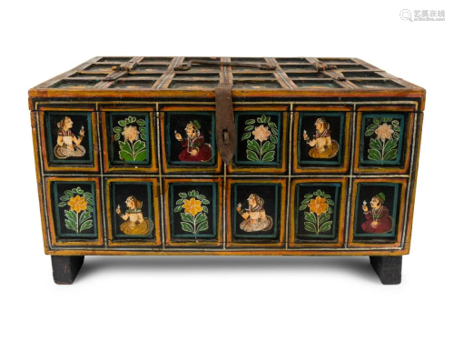 An Indian Polychromed Wood Coffer