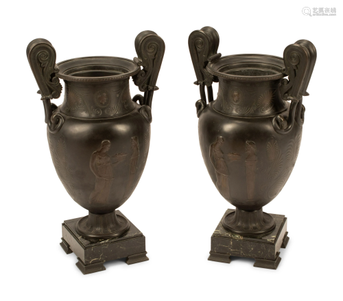 A Pair of Pompeiian Style Bronze Urns