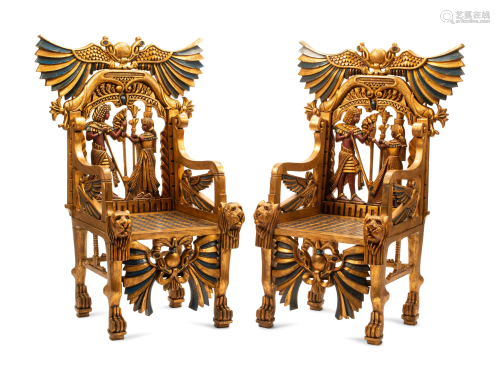 A Pair of Egyptianesque Painted and Giltwood Throne