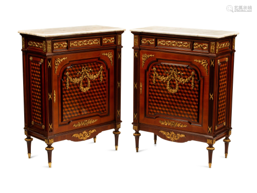 A Pair of Louis XVI Style Gilt Bronze Mounted Parquetry