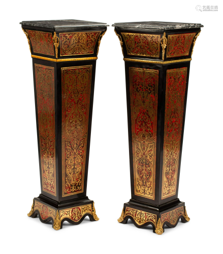 A Pair of Louis XVI Style Boulle Marquetry Marble-Top