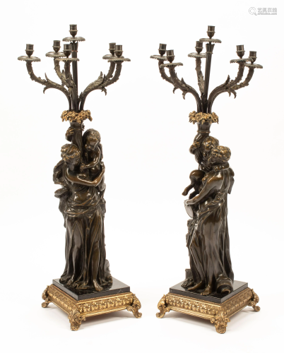A Pair of Patinated Bronze Figural Groups After Clodion