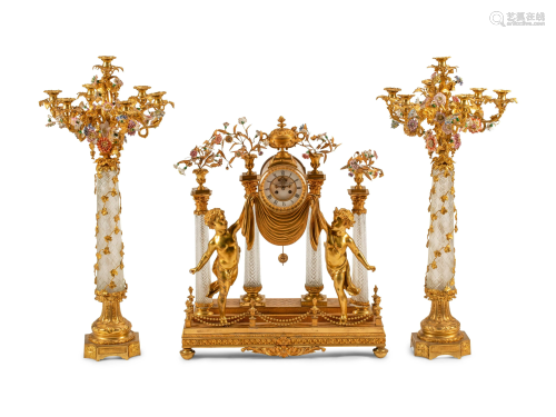 A Louis XV Style Gilt Bronze, Porcelain and Cut Glass