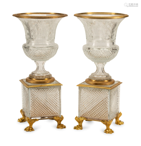 A Pair of French Gilt Bronze Mounted Cut Glass Urns