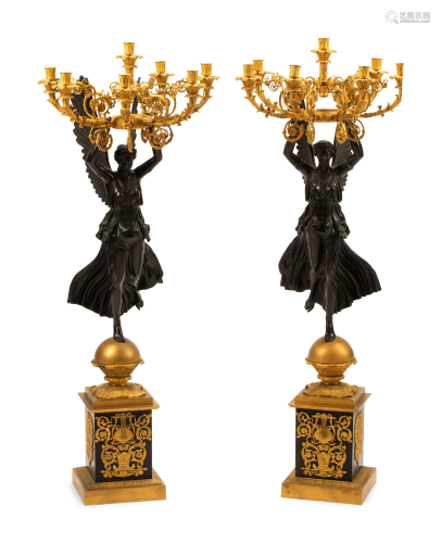 A Pair of Monumental Empire Style Gilt and Patinated