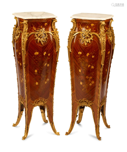 A Pair of Louis XV Style Gilt Bronze Mounted Marquetry