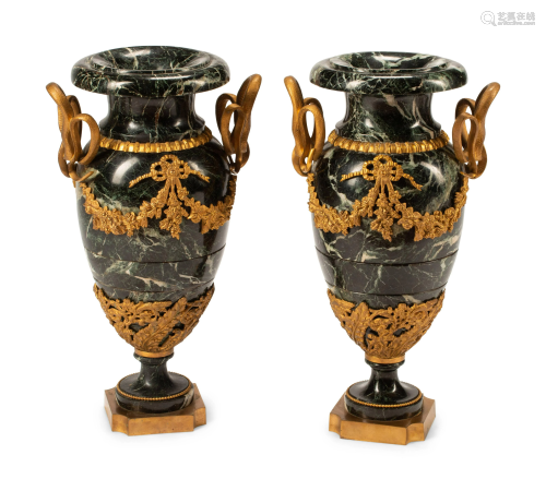 A Pair of French Gilt Bronze and Marble Urns