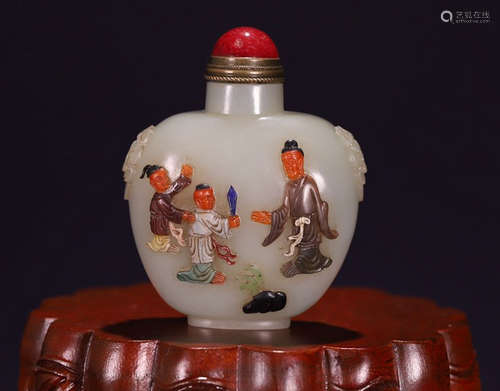 HETIAN JADE WITH GEM DECORATED SNUFF BOTTLE