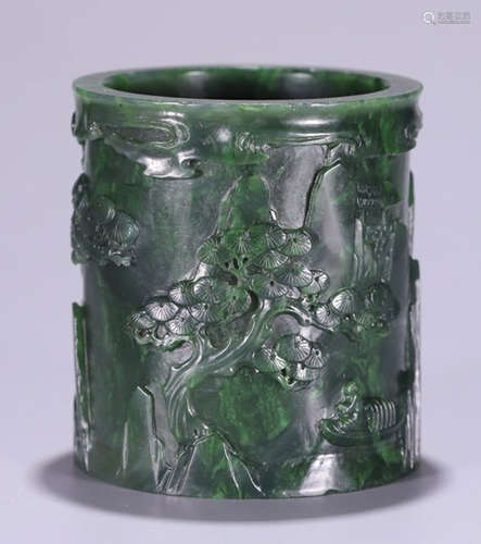 HETIAN JASPER CARVED BRUSH POT