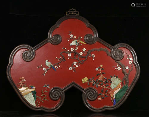 ZITAN WOOD&RED LACQUER WITH GEM DECORATED SCREEN