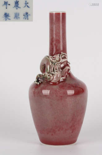 RED GLAZE VASE WITH DRAGON DECORATION