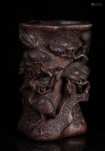 CHENXIANG WOOD CRANE PATTERN BRUSH POT