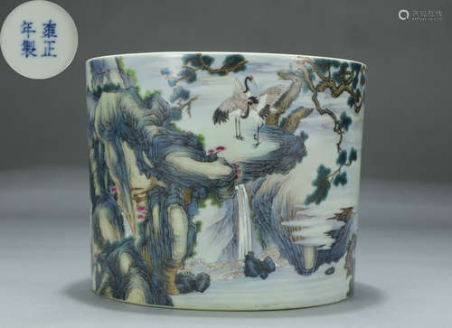 YONGZHENG MARK FAMILLE ROSE CRANE&DEER BRUSH POT