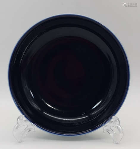 QIANLONG MARK BLUE GLAZE POETRY PATTERN DISH